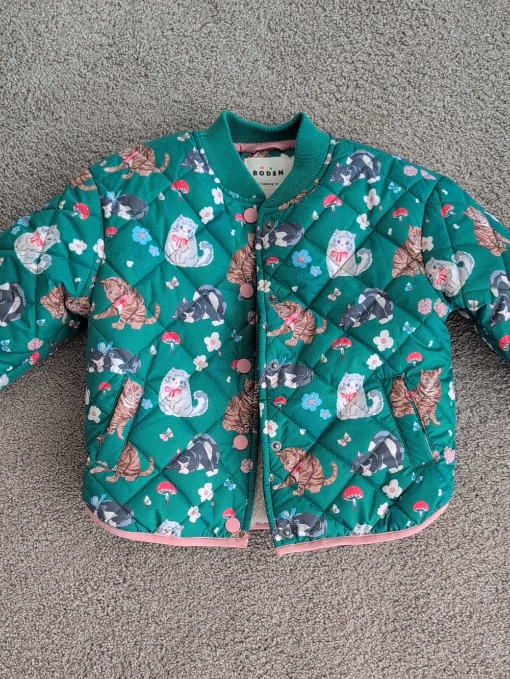 NEW Boden Girls' Quilted Green Cat Print Jacket